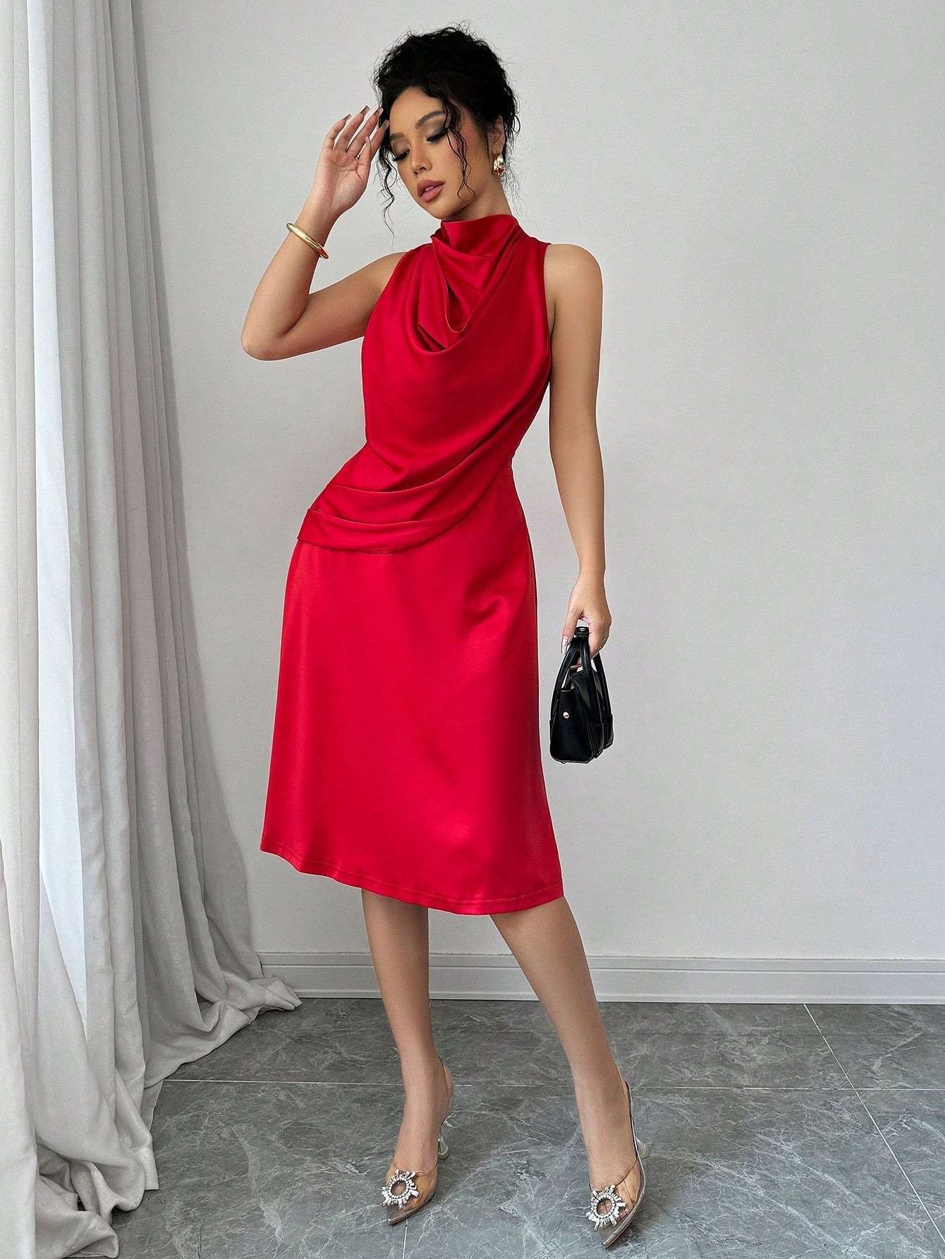 Elegant Romantic Red High Neck Swing Dress For Women - Negative Apparel