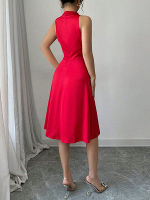 Elegant Romantic Red High Neck Swing Dress For Women - Negative Apparel