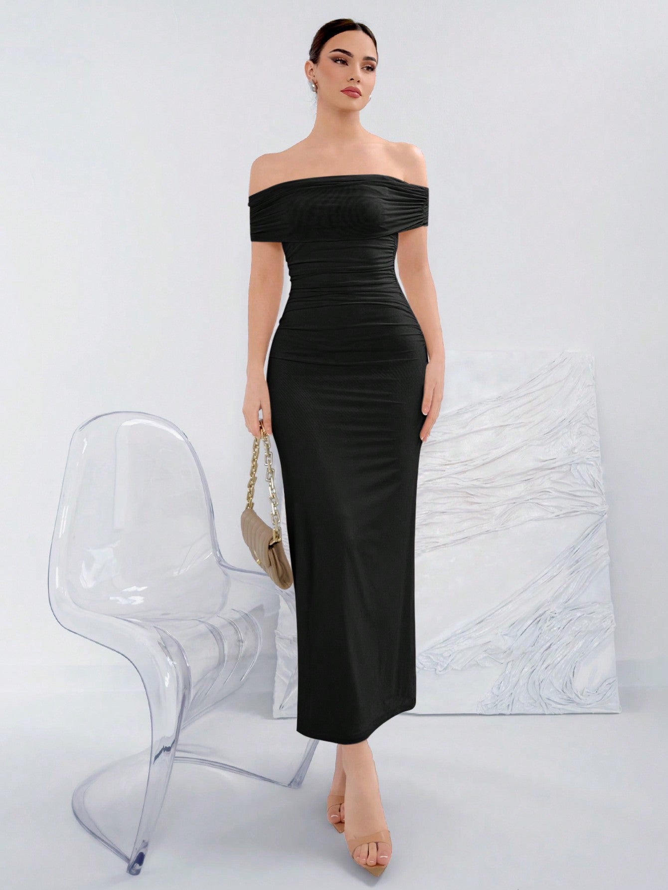 Elegant Ruched Off-Shoulder Bodycon Dress For Summer Negative