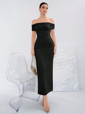 Elegant Ruched Off-Shoulder Bodycon Dress For Summer - Negat Negative Apparel Elegant Ruched Off-Shoulder Bodycon Dress For Summer - Negat Negative Apparel