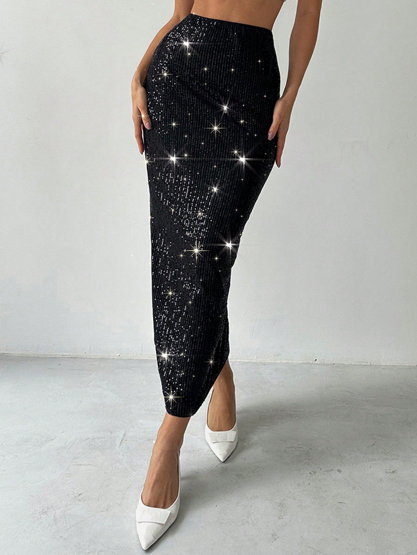 Elegant Sexy Black Sequins Low Waist Skirt, Suitable For Party & Gathering - Negative Apparel