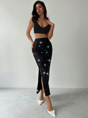 Elegant Sexy Black Sequins Low Waist Skirt, Suitable For Party & Gathering - Negative Apparel