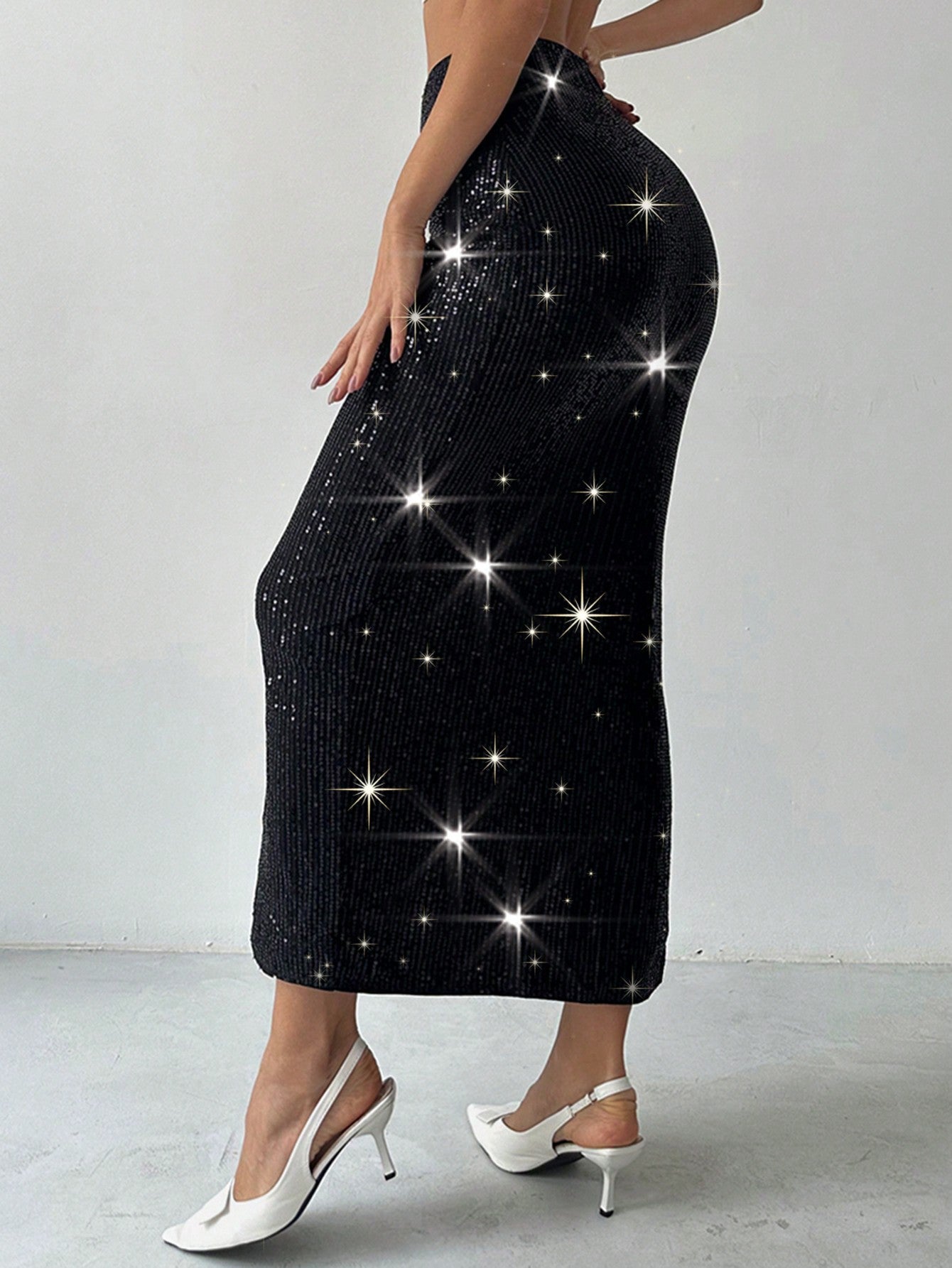 Elegant Sexy Black Sequins Low Waist Skirt, Suitable For Party & Gathering - Negative Apparel