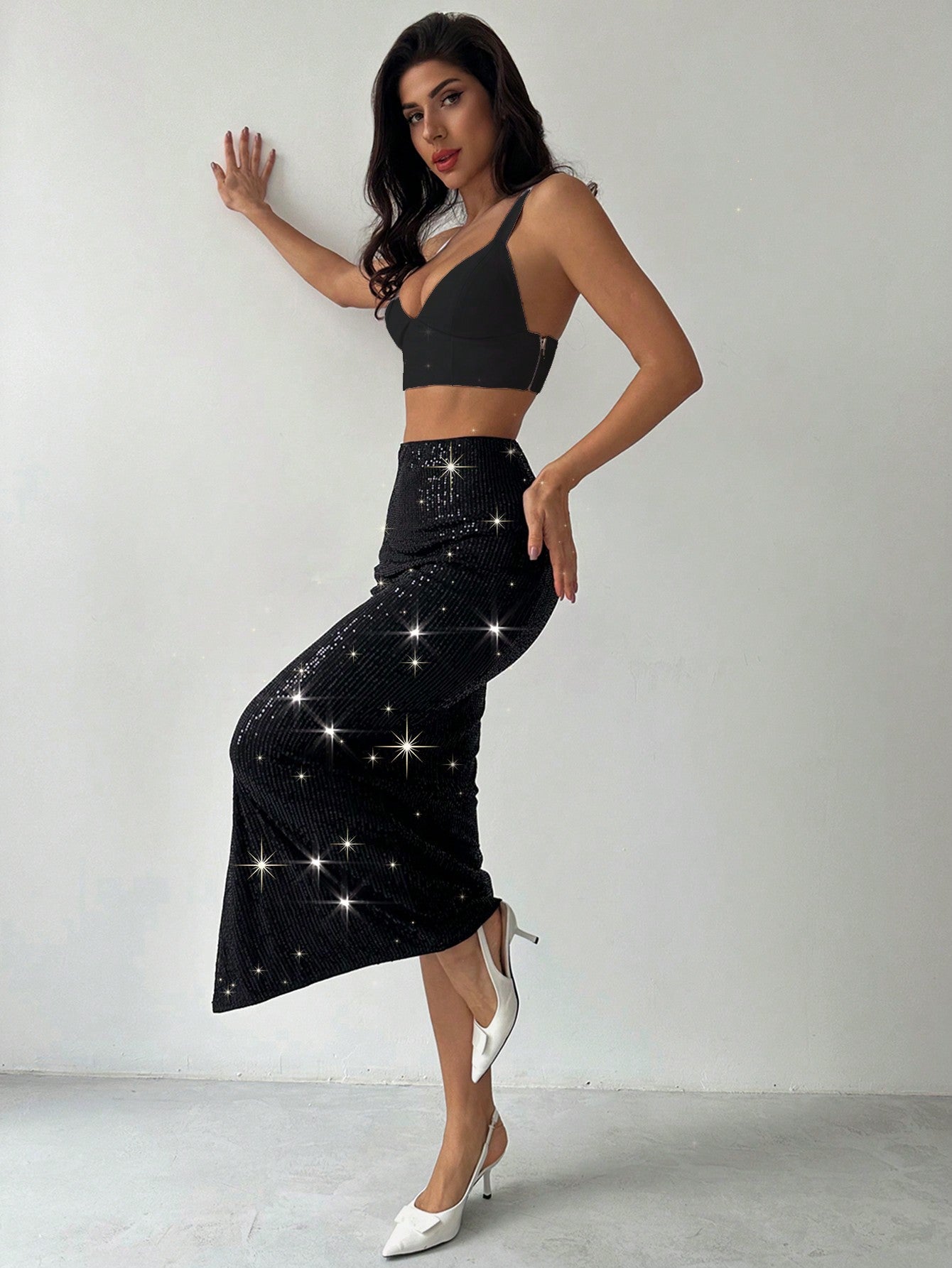 Elegant Sexy Black Sequins Low Waist Skirt, Suitable For Party & Gathering - Negative Apparel