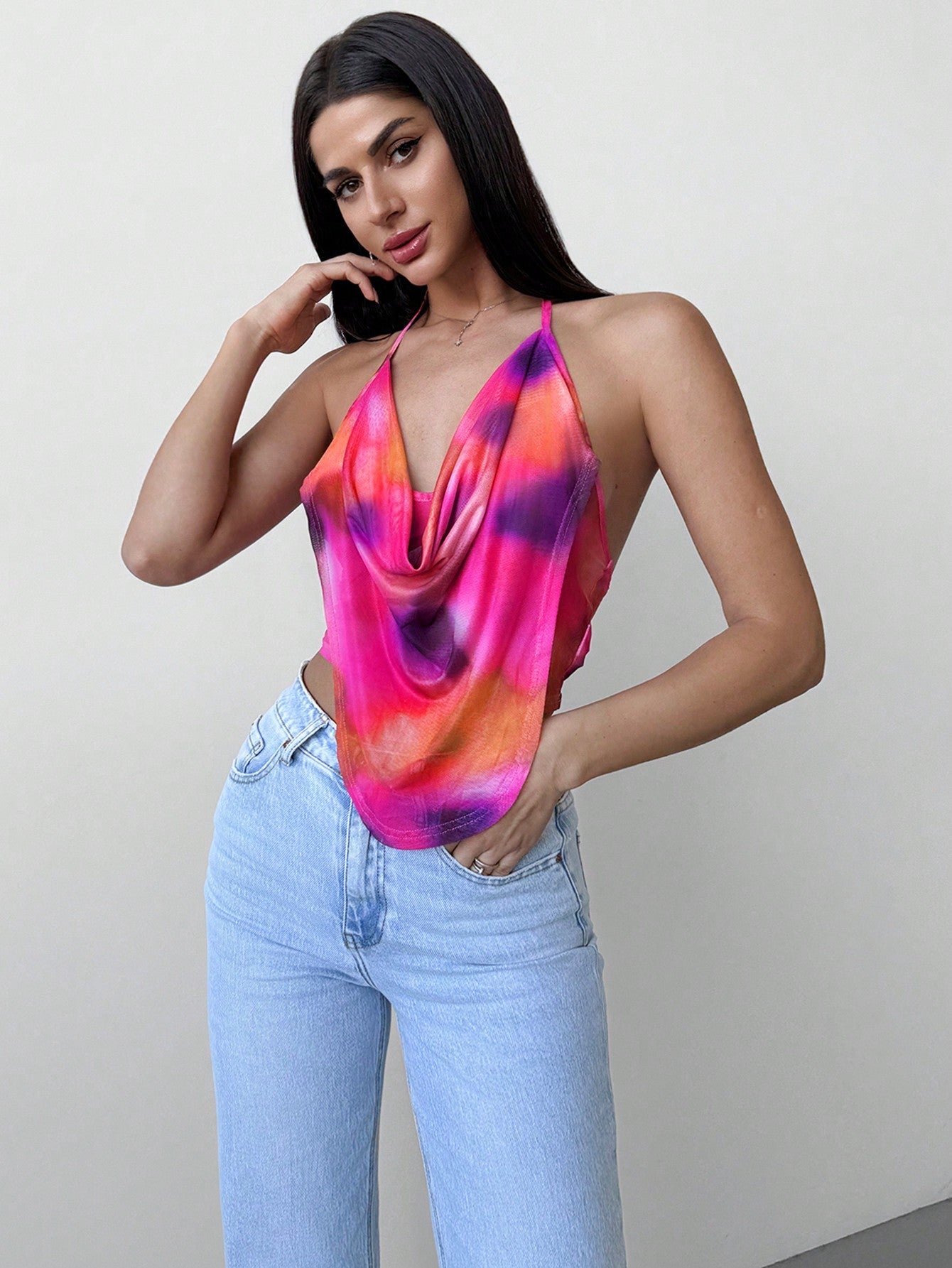 Elegant Sexy Party Y2K Tie Dye Tie Dye Gradient Print Deep V - Neck Backless Halter Top - Negative Apparel