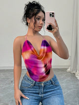 Elegant Sexy Party Y2K Tie Dye Tie Dye Gradient Print Deep V - Neck Backless Halter Top - Negative Apparel