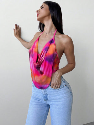 Elegant Sexy Party Y2K Tie Dye Tie Dye Gradient Print Deep V - Neck Backless Halter Top - Negative Apparel