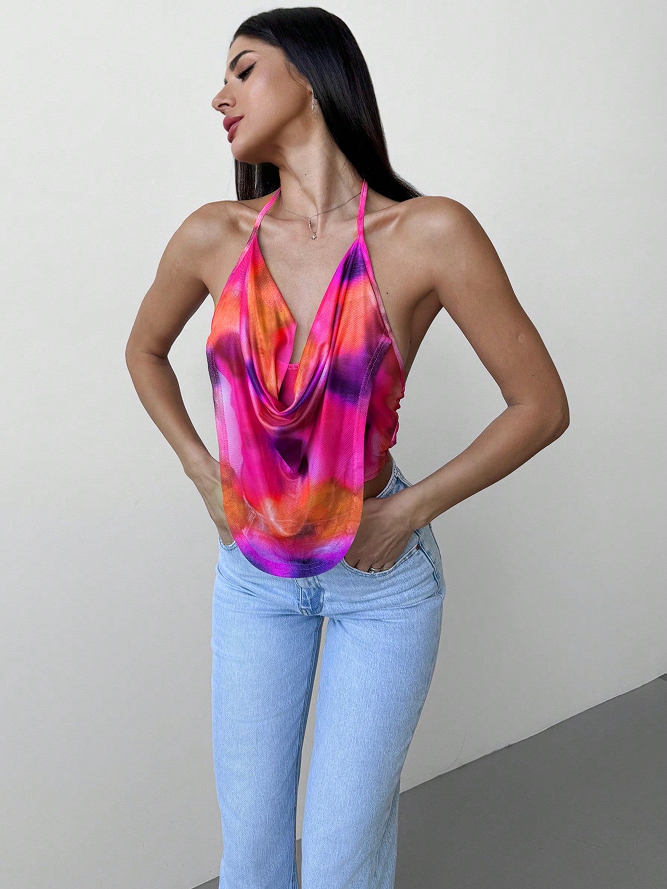 Elegant Sexy Party Y2K Tie Dye Tie Dye Gradient Print Deep V - Neck Backless Halter Top - Negative Apparel