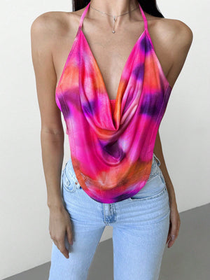 Elegant Sexy Party Y2K Tie Dye Tie Dye Gradient Print Deep V - Neck Backless Halter Top - Negative Apparel