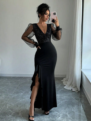 Elegant Sexy V - Neck Waisted High Slit Dress - Negative Apparel