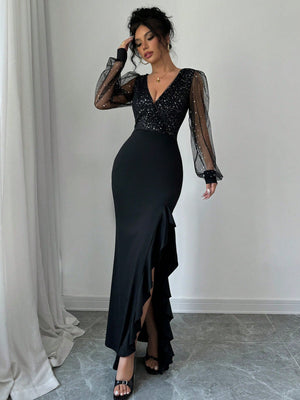 Elegant Sexy V - Neck Waisted High Slit Dress - Negative Apparel