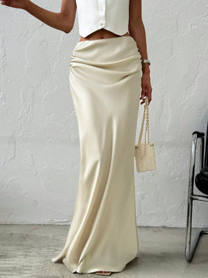 Elegant Simple Romantic Date/Work Versatile Solid Color Satin Maxi Skirt, Low Waist - Negative Apparel