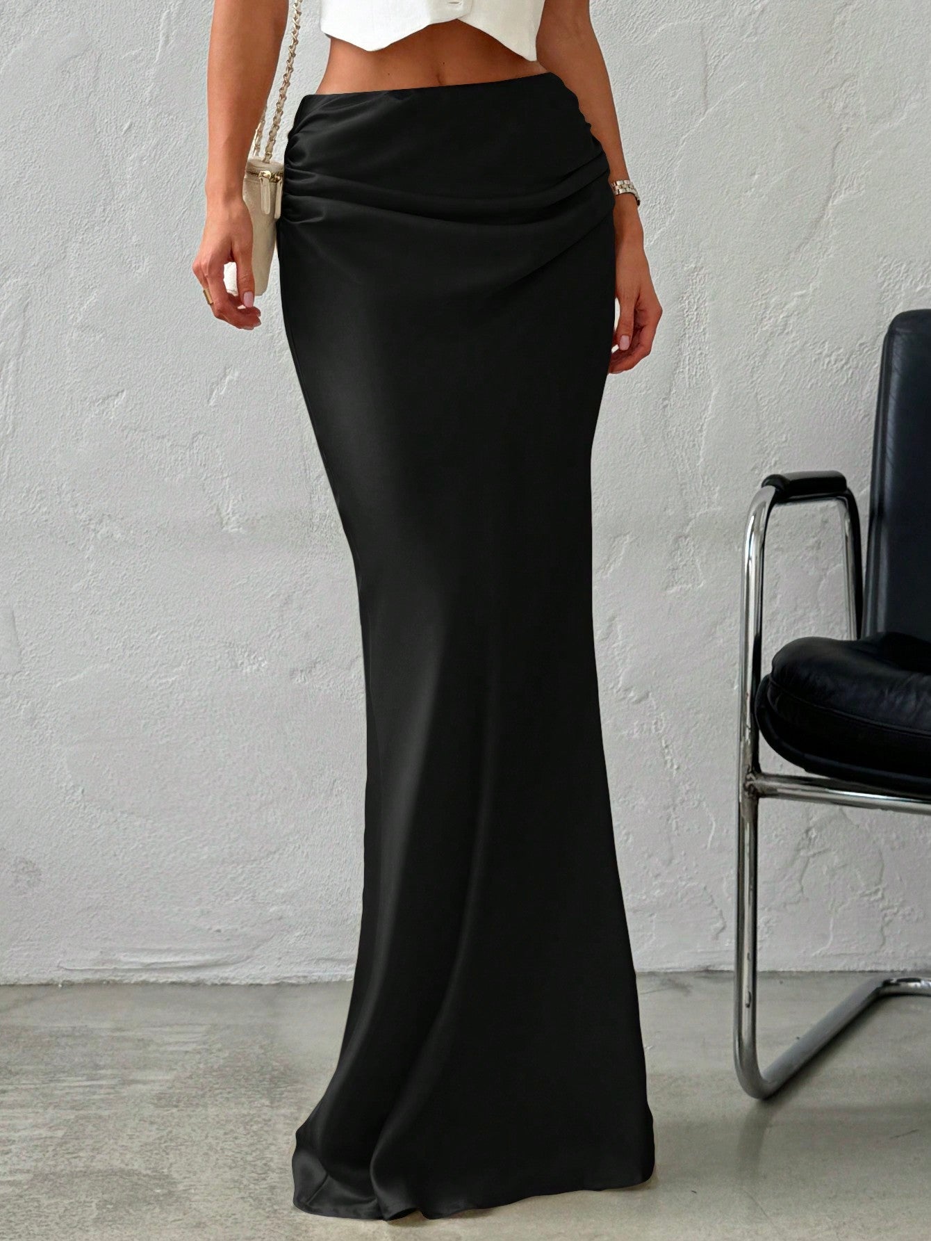 Elegant Simple Romantic Date/Work Versatile Solid Color Satin Maxi Skirt, Low Waist - Negative Apparel