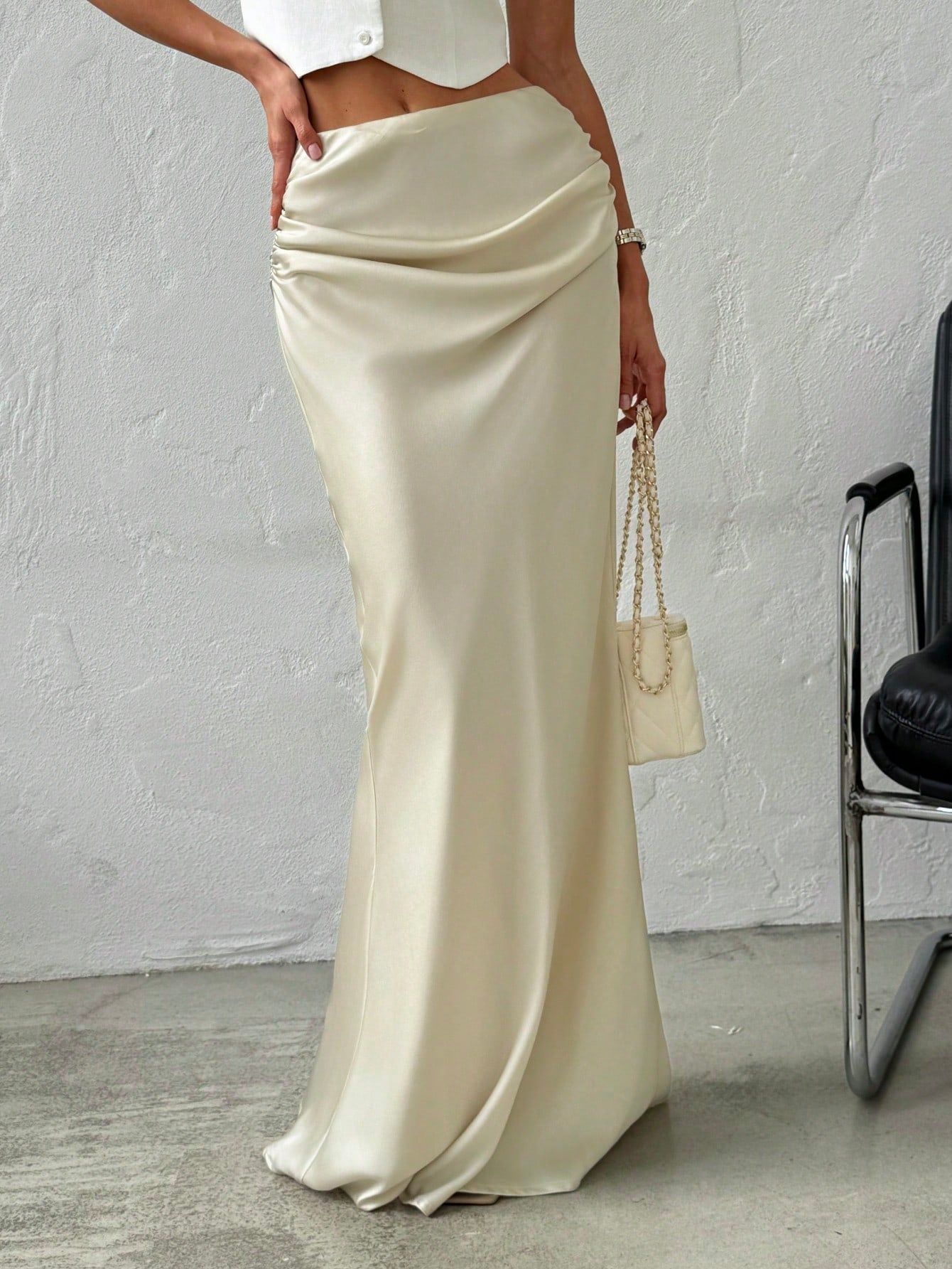 Elegant Simple Romantic Date/Work Versatile Solid Color Satin Maxi Skirt, Low Waist - Negative Apparel