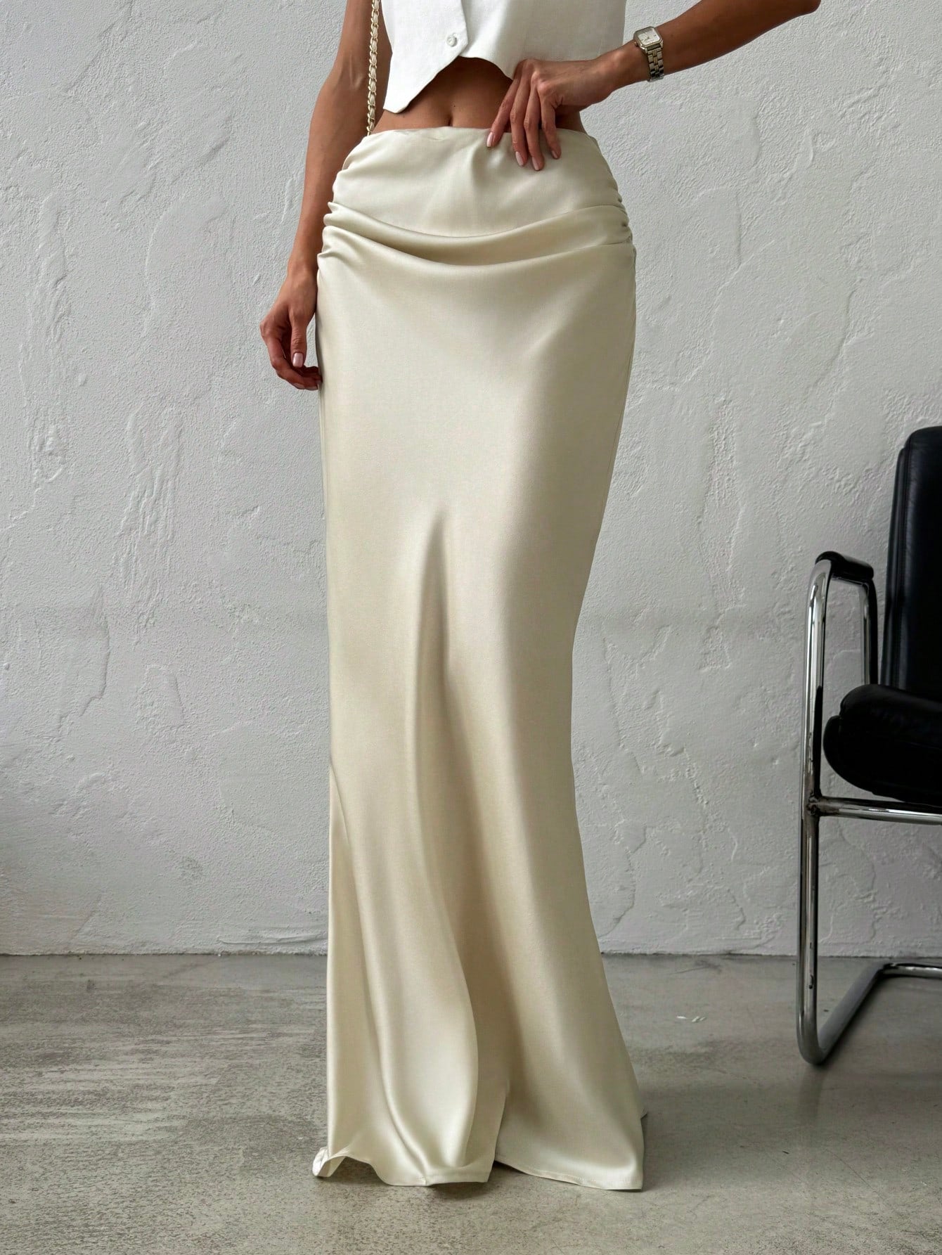 Elegant Simple Romantic Date/Work Versatile Solid Color Satin Maxi Skirt, Low Waist - Negative Apparel