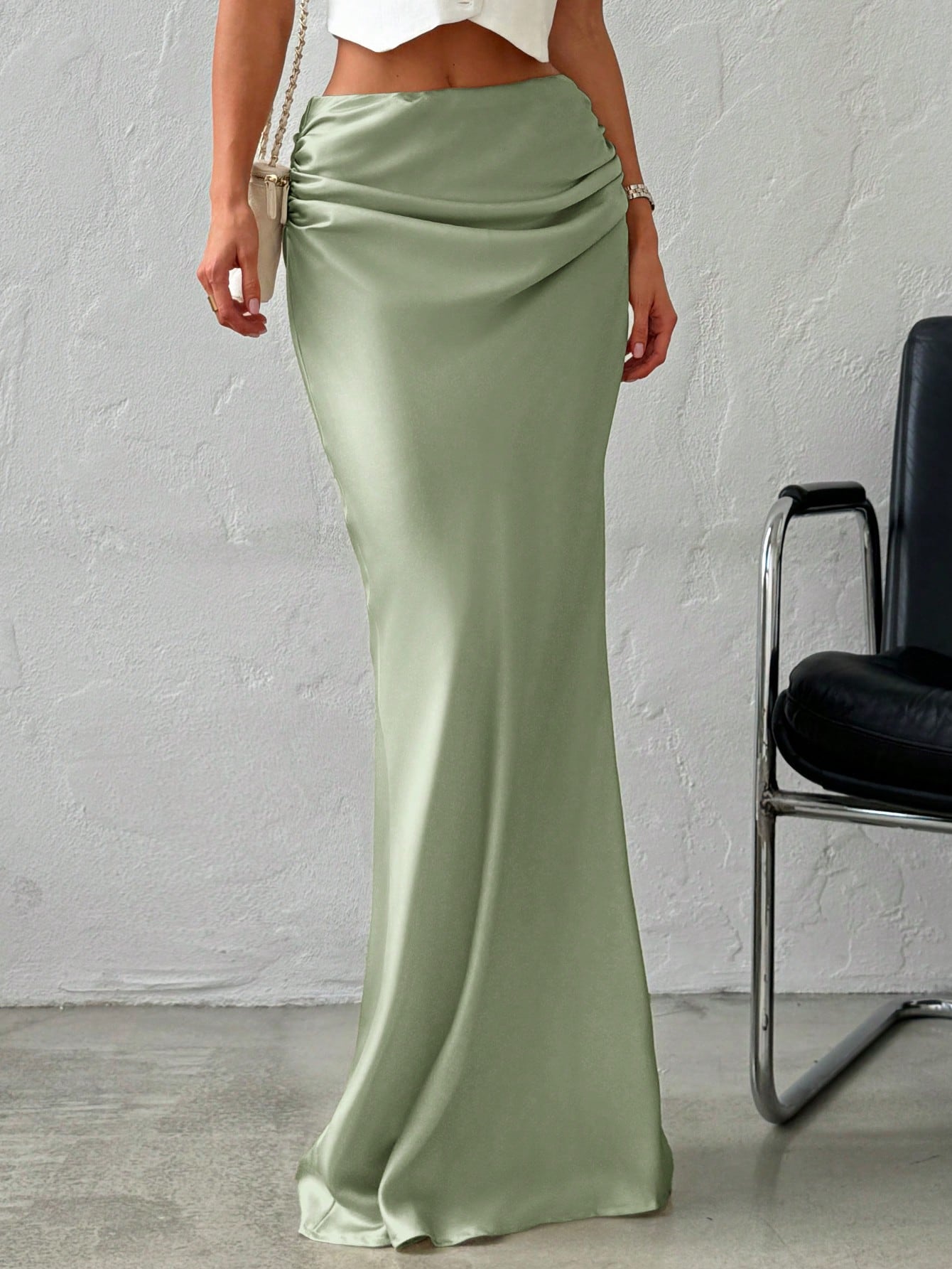 Elegant Simple Romantic Date/Work Versatile Solid Color Satin Maxi Skirt, Low Waist - Negative Apparel