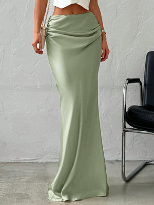 Elegant Simple Romantic Date/Work Versatile Solid Color Satin Maxi Skirt, Low Waist - Negative Apparel