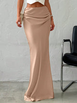 Elegant Simple Romantic Date/Work Versatile Solid Color Satin Maxi Skirt, Low Waist - Negative Apparel