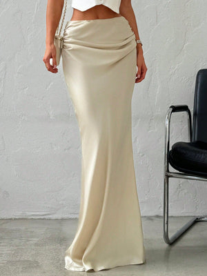 Elegant Simple Romantic Date/Work Versatile Solid Color Satin Maxi Skirt, Low Waist - Negative Apparel