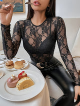 Elegant single - layer lace bra - free slim - fitting and thin round neck T-shirt long - sleeved top - Negative Apparel