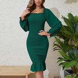 Elegant solid color fungus edge long - sleeved dress slim square neck hip - wrapped fishtail dress - Negative Apparel