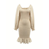 Elegant solid color fungus edge long - sleeved dress slim square neck hip - wrapped fishtail dress - Negative Apparel