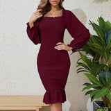 Elegant solid color fungus edge long - sleeved dress slim square neck hip - wrapped fishtail dress - Negative Apparel