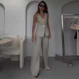 Elegant solid color V - neck sleeveless vest high waist wide leg pants suit - Negative Apparel