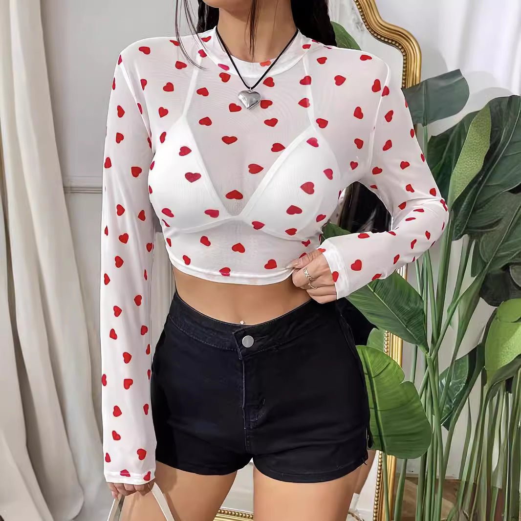 Elegant special project mesh printing love round neck long sleeve T-shirt thin top women - Negative Apparel