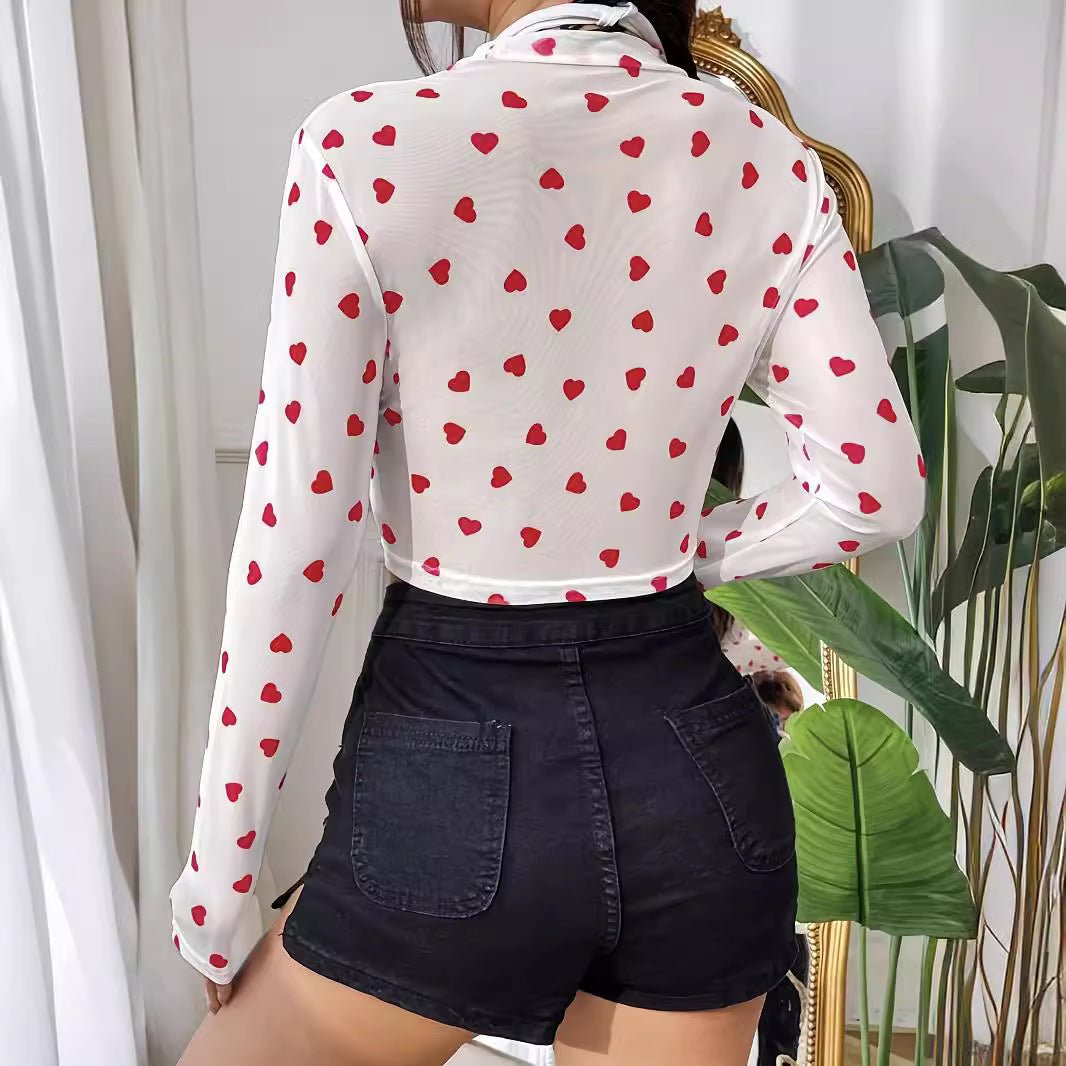 Elegant special project mesh printing love round neck long sleeve T-shirt thin top women - Negative Apparel