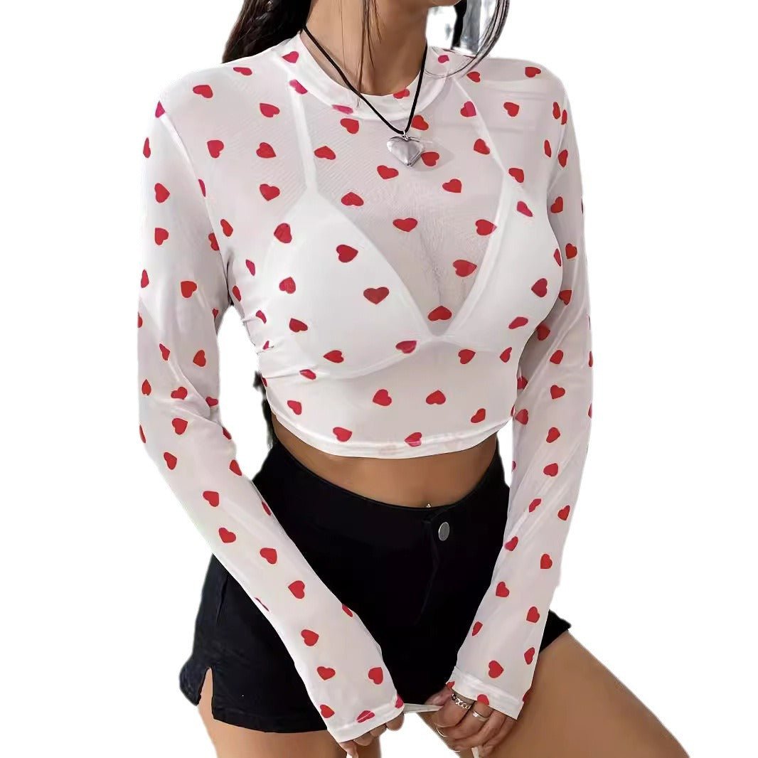 Elegant special project mesh printing love round neck long sleeve T-shirt thin top women - Negative Apparel
