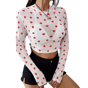 Elegant special project mesh printing love round neck long sleeve T-shirt thin top women - Negative Apparel