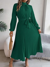 Elegant stand - up collar long sleeve waist pleated long dress - Negative Apparel