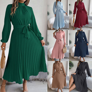 Elegant stand - up collar long sleeve waist pleated long dress - Negative Apparel