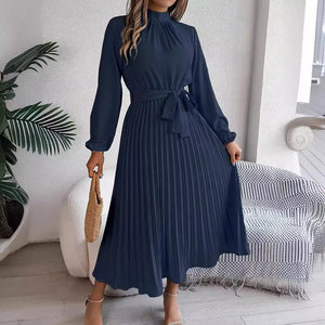 Elegant stand - up collar long sleeve waist pleated long dress - Negative Apparel