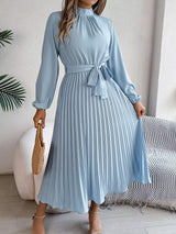 Elegant stand - up collar long sleeve waist pleated long dress - Negative Apparel