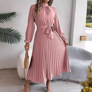 Elegant stand - up collar long sleeve waist pleated long dress - Negative Apparel