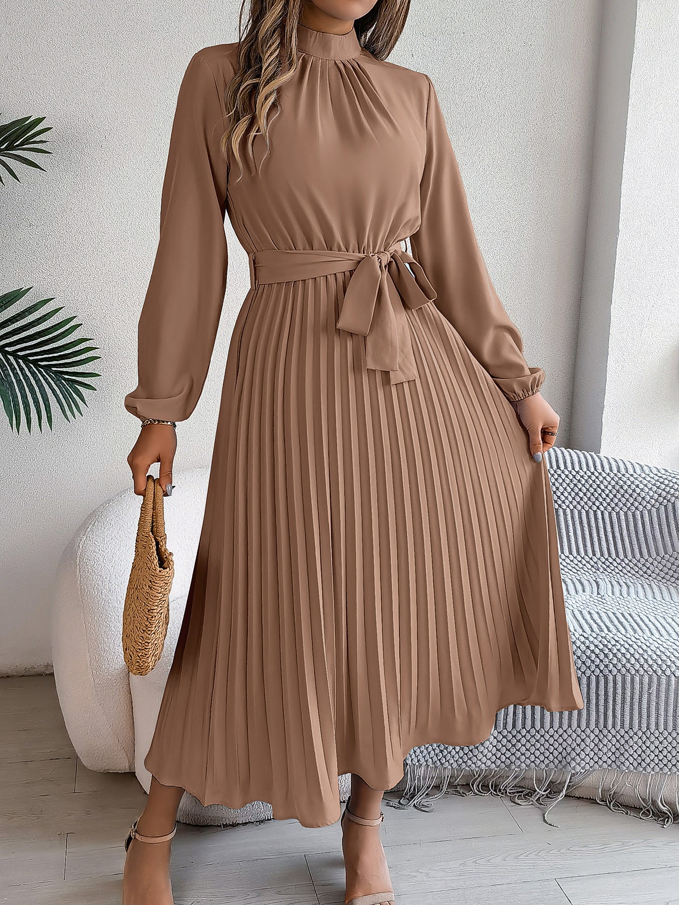 Elegant stand - up collar long sleeve waist pleated long dress - Negative Apparel