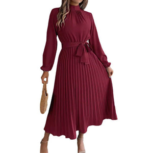 Elegant stand - up collar long sleeve waist pleated long dress - Negative Apparel