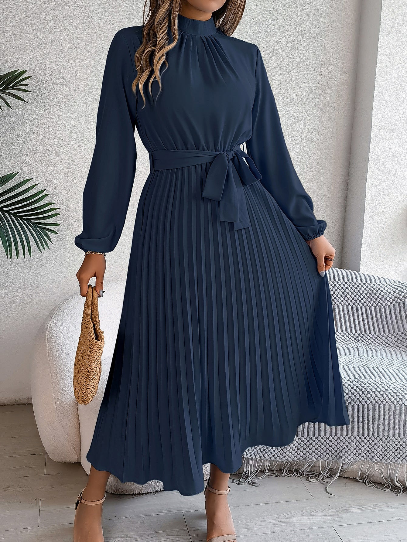 Elegant stand - up collar long sleeve waist pleated long dress - Negative Apparel