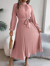 Elegant stand - up collar long sleeve waist pleated long dress - Negative Apparel