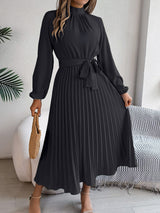 Elegant stand - up collar long sleeve waist pleated long dress - Negative Apparel