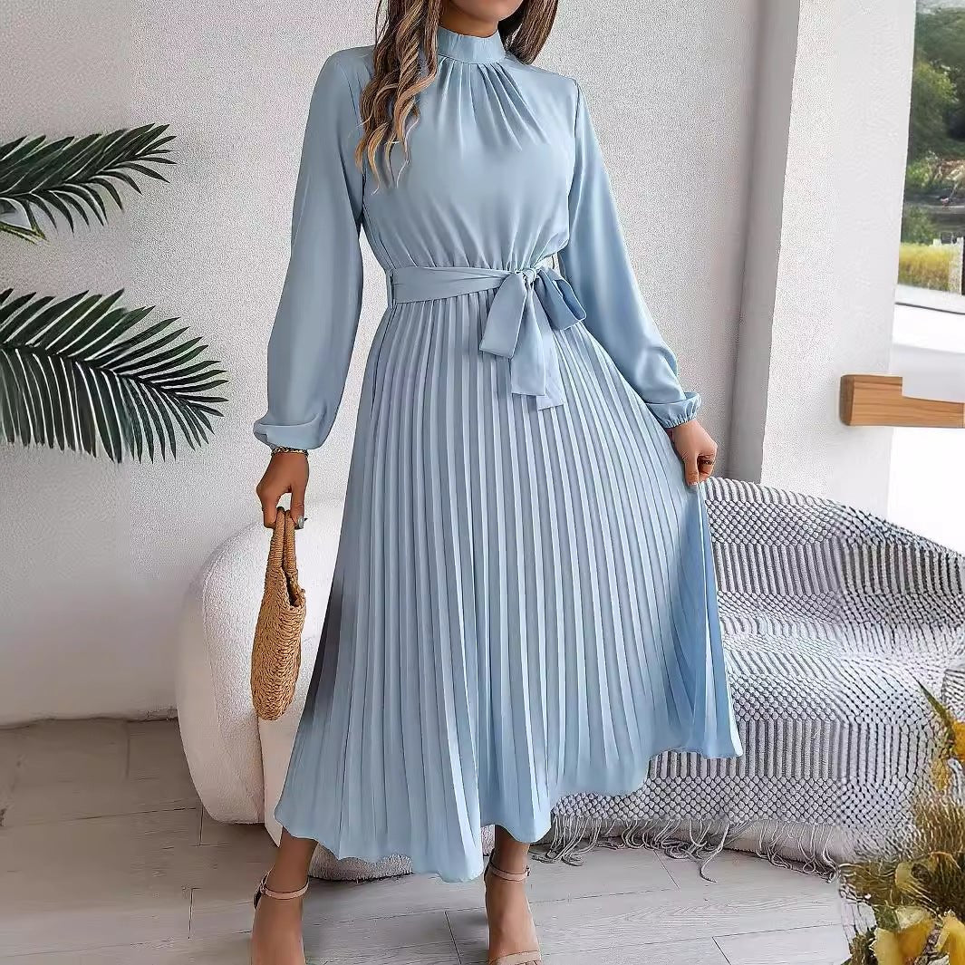 Elegant stand - up collar long sleeve waist pleated long dress - Negative Apparel