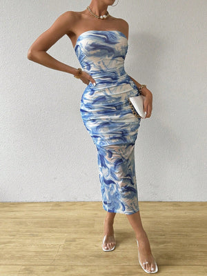 Elegant Summer Long Mesh Dress With Watercolor Printed And Sheer Bustier Detail - Negative Apparel