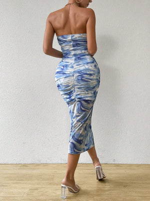 Elegant Summer Long Mesh Dress With Watercolor Printed And Sheer Bustier Detail - Negative Apparel