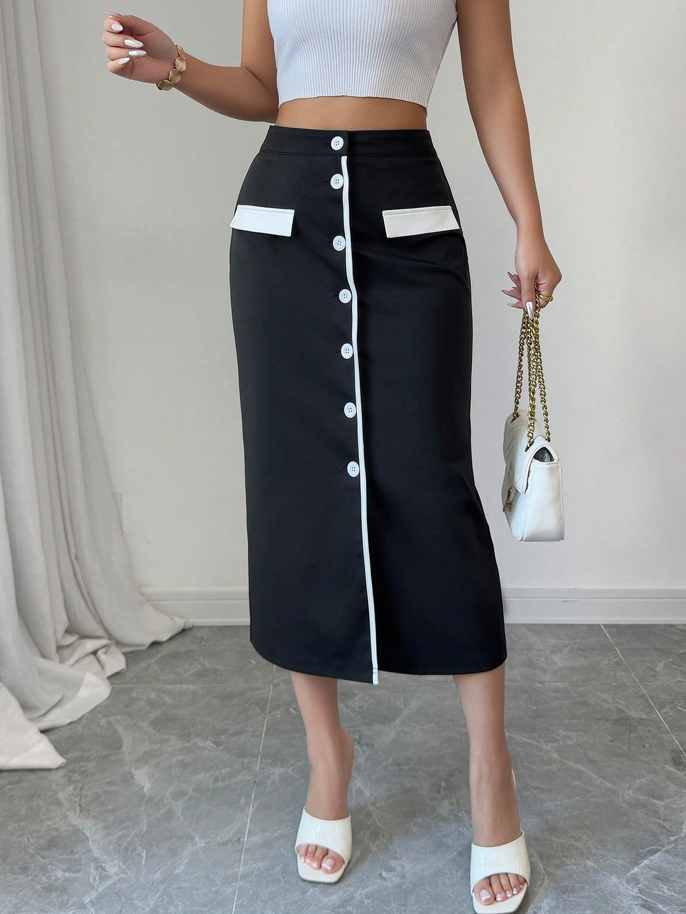 Elegant Vacation & Workwear Black & White Contrast Color Midi Skirt For Women - Negative Apparel