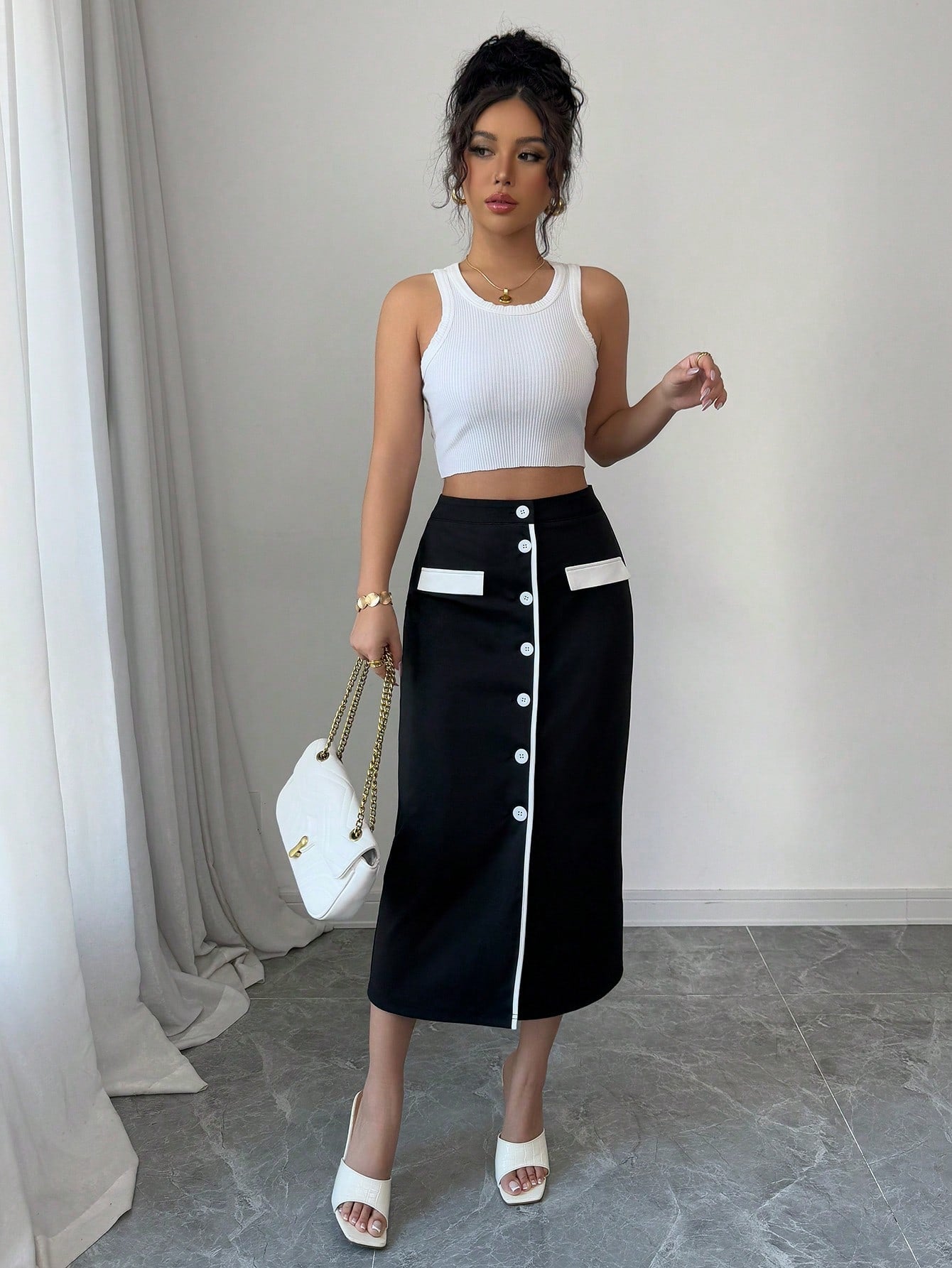 Elegant Vacation & Workwear Black & White Contrast Color Midi Skirt For Women - Negative Apparel