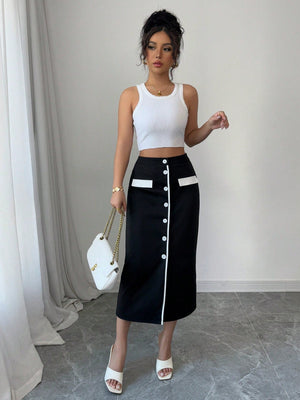 Elegant Vacation & Workwear Black & White Contrast Color Midi Skirt For Women - Negative Apparel