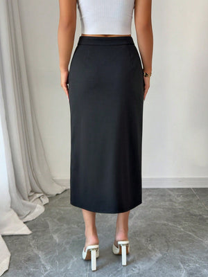 Elegant Vacation & Workwear Black & White Contrast Color Midi Skirt For Women - Negative Apparel