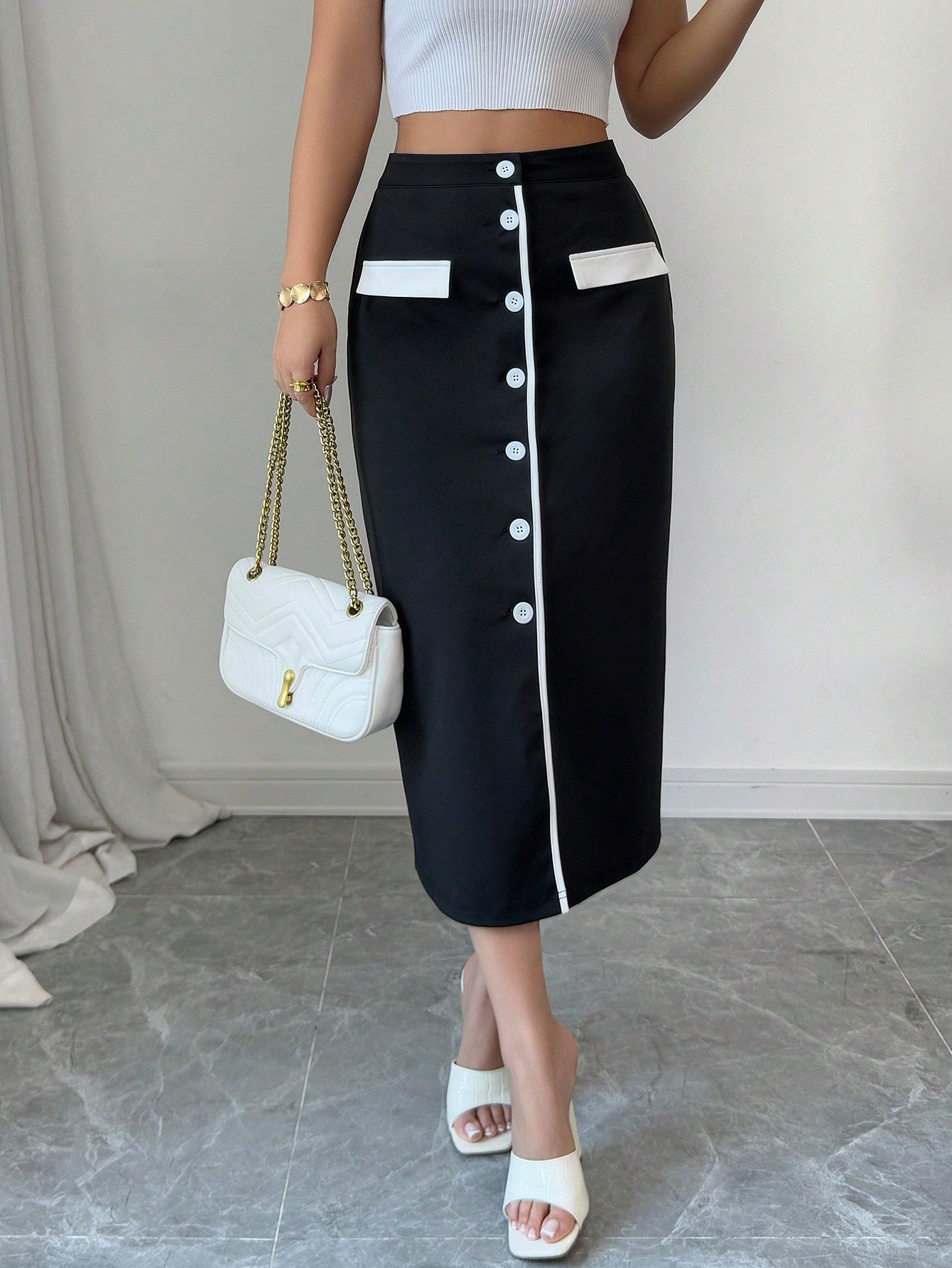 Elegant Vacation & Workwear Black & White Contrast Color Midi Skirt For Women - Negative Apparel